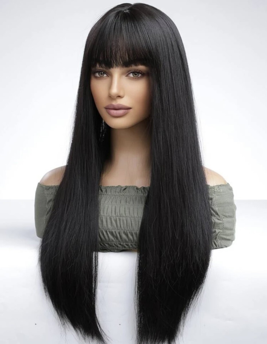Perruque Longue Brun Foncé Avec Frange – Synthétique – 60cm + 4 Bonnets