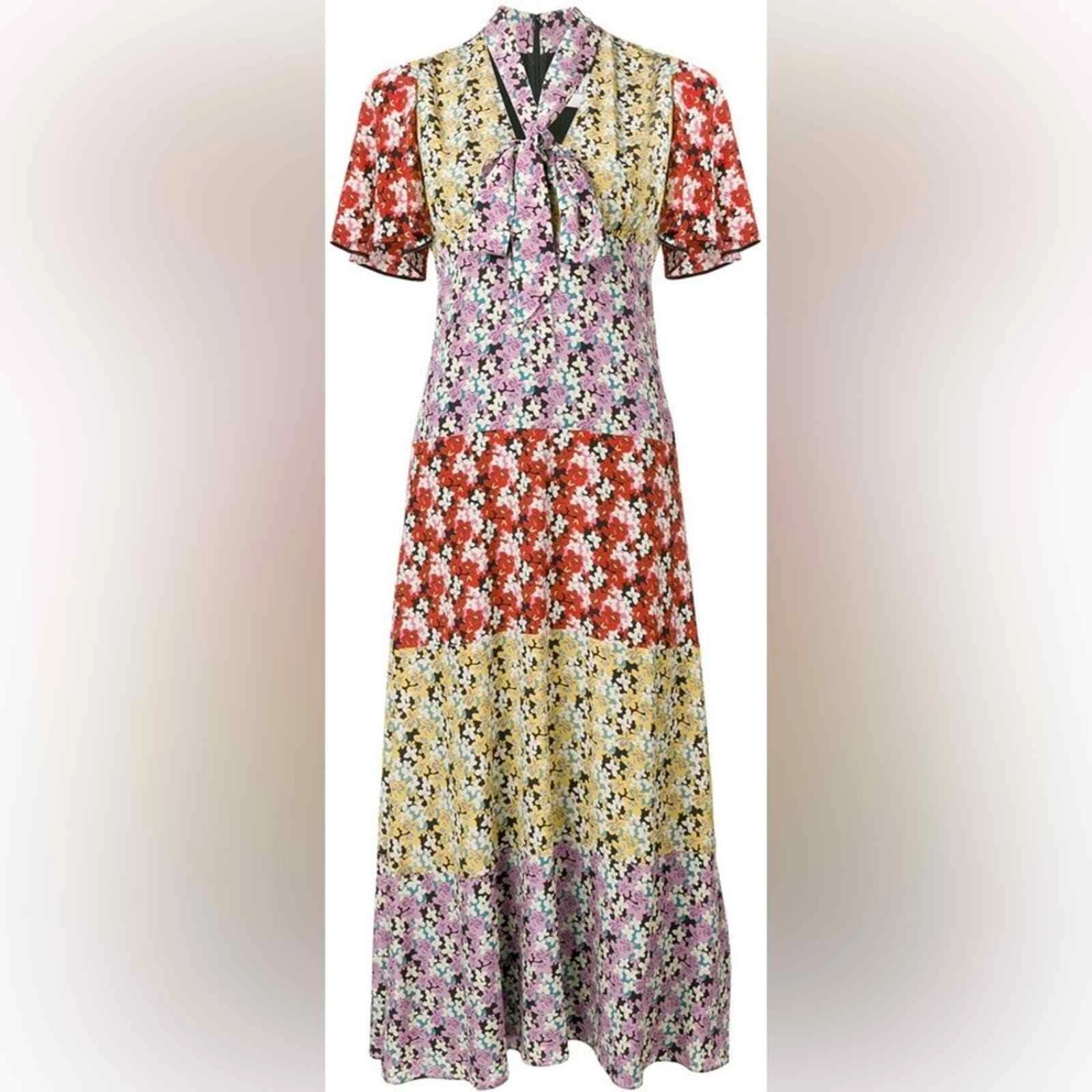 Abito Midi Valentino Multicolore Giallo Rosso Rosa Floreale Seta IT 46