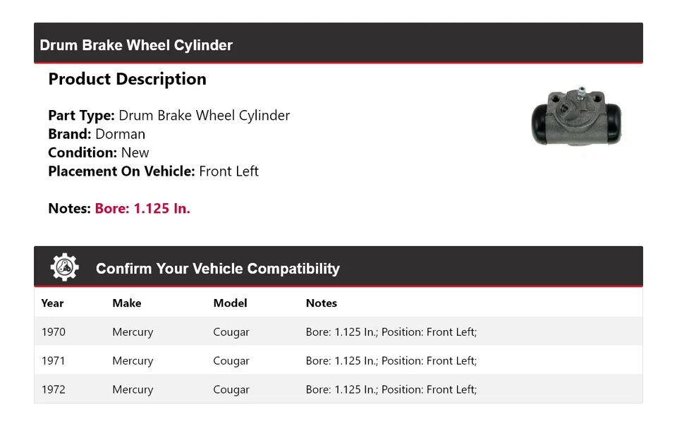Cilindro de rueda de freno de tambor delantero izquierdo 1971 Mercury Cougar Dorman 1970-1972 Foto 2 de 3
