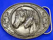 Horses Mare and Foal Head Bust Scene 1991 Siskiyou Western Belt Buckle