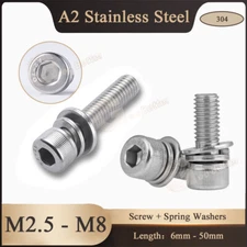 Allen Socket Cap Head Screw + Spring Washers A2 Stainless M2.5 M3 M4 M5 M6 M8