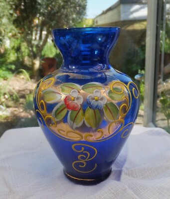 Antike Murano ultramarinblaue Vase Emaille Blumen einige vergoldet italienisch