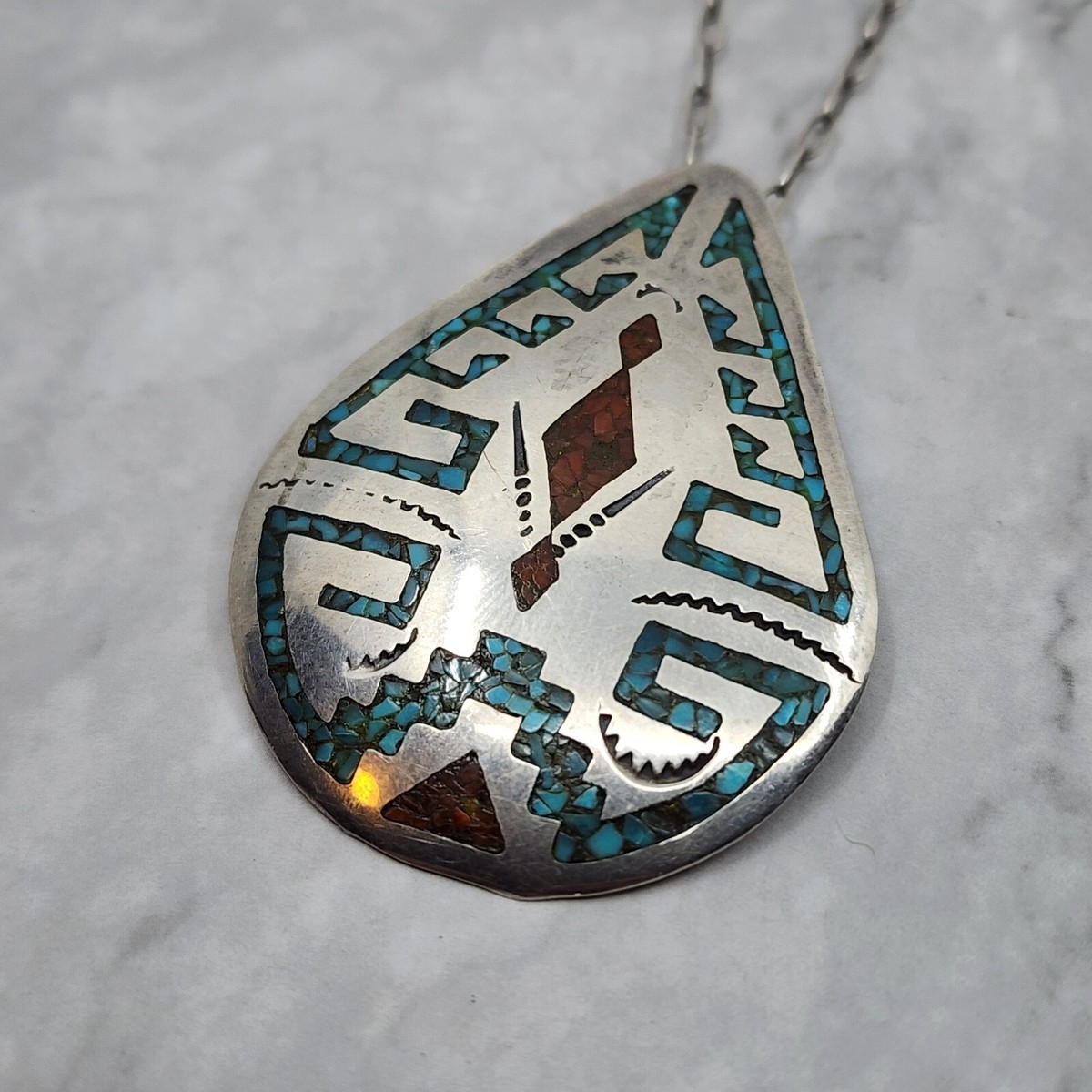HMIJ Navajo Signed Chip Inlay Sterling Silver necklace Pendant W