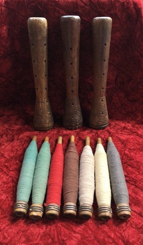 Antique Wood Beehive Bobbin Candle Holders + Rustic Threaded Spools Farm Country