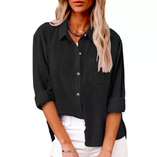 Women Linen Cotton Shirt Button Up Tops Long Sleeve Casual Loose Blouse Casual - Bild 20 von 48