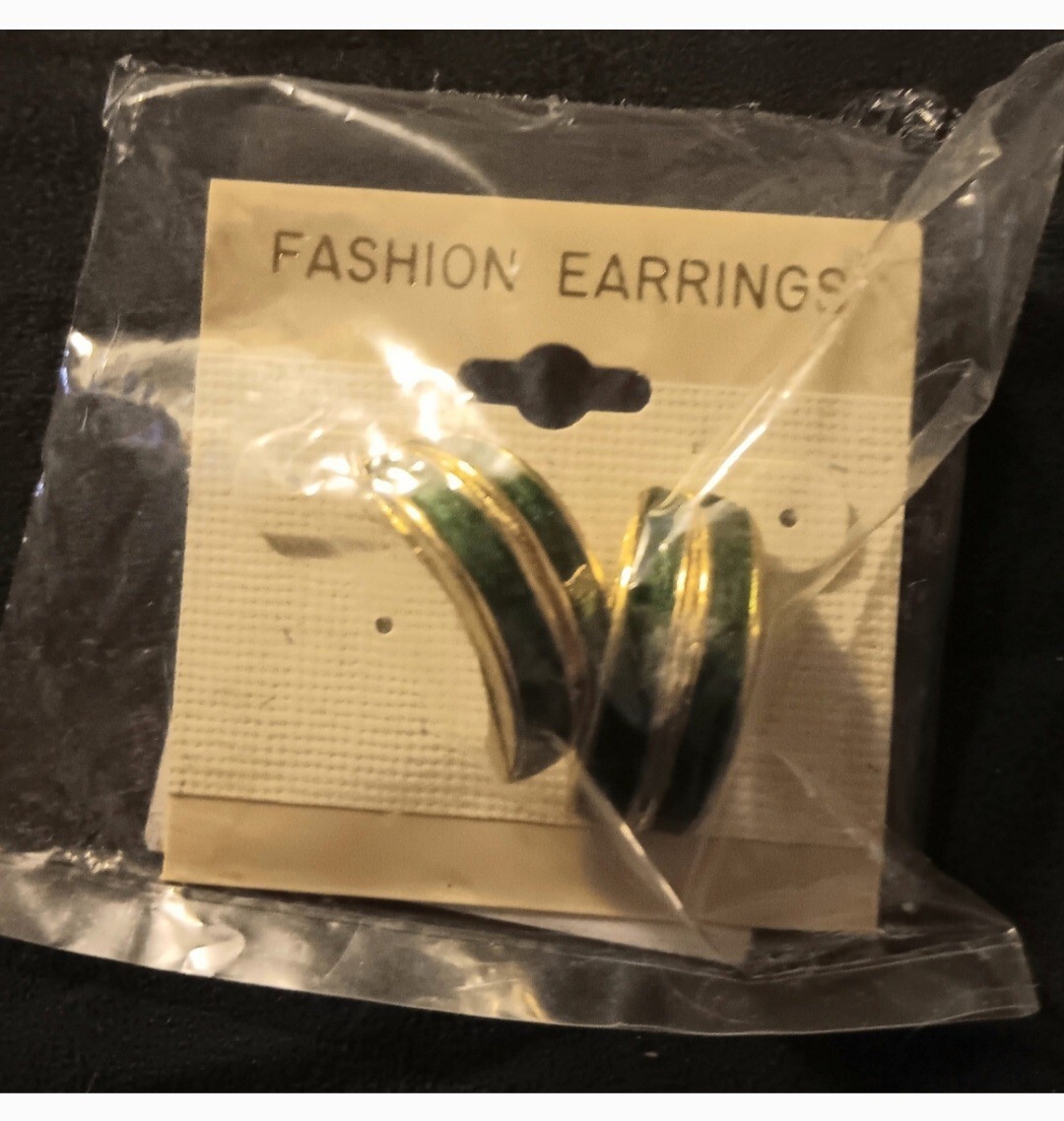 Gold Green Enamel Elegant Hoop Earrings  