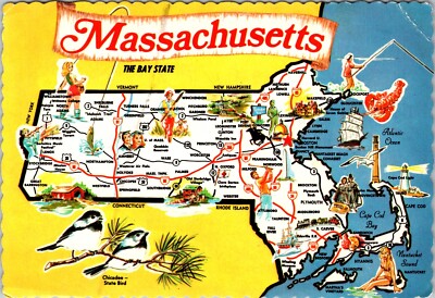 Vintage Postcard Greetings From Massachusetts State Map Tourist Attractions