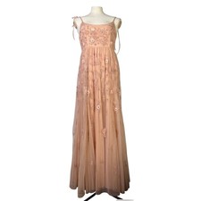BHLDN Tulle Floral Embroidered Gown Peach Spaghetti Strap Maxi Dress Size 12