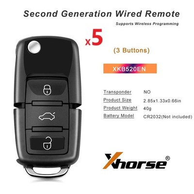 5PCS Xhorse XKB520EN Second Generation Wire Remote Key For B5 Flip 3 Buttons US
