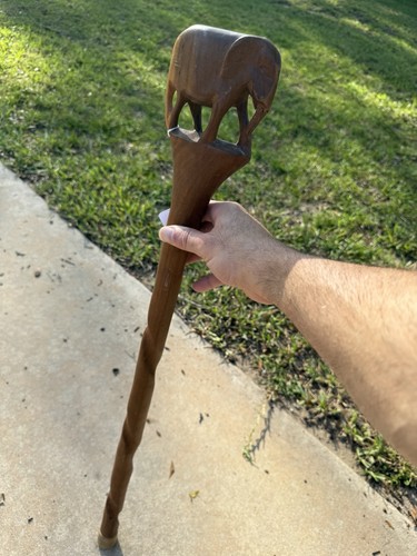 Vintage Hand Carved Wooden Elephant Handle Walking Stick Cane Folk Art 35”