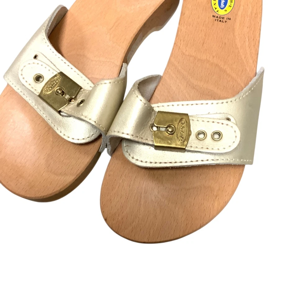 Zueco Sandalia Ejercicio Madera Original Dr Scholls De Colección Dorado Hecho en Italia Talla 7 Foto 3 de 4