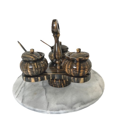 Hand-Turned Striped Ebony Wood Condiment Caddy | 3-Pot Salt & Spice Cellar Set