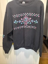 Vintage 90s Sweatshirt Crew Neck Blue Navy Flowers Folk Art XL Granny COOL Mom