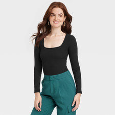 Women's Slim Fit Long Sleeve Bodysuit - A New Day, Black, Small
