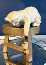 Small 3 Legged Wooden Display Stool Featuring Wooden Cat And Pottery Mouse