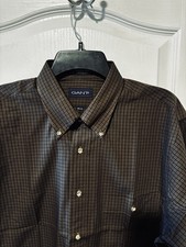 Mens Gant Button Down Dress Shirt Dark Brown Blue Vertical Lines 16 1/2 -35