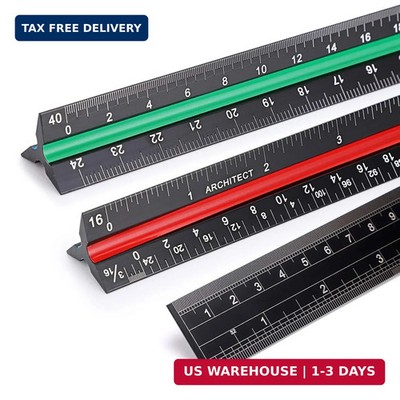 3 Pack 12 Inch Solid Aluminum Triangular Architect Scale Ruler Set, 3-Colors-Gro