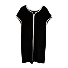 Talbots Shift Dress Womens Size 12P Black Stretch Ponte Knit Ivory Trim Classic