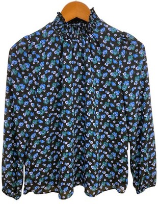J Crew Blouse Size XXS Black Preppy Lined Smocked Neck Floral Long Sleeve