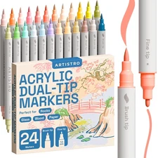 24 Pastel Dual-Tip Acrylic Paint Markers - Brush + Fine Tip Combo - Multi-Sur...