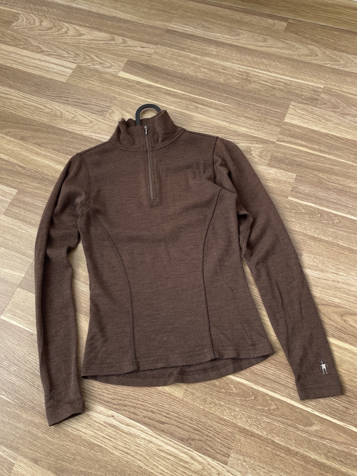 Pullover Smart Wool para mujer lana merino 1/4 cremallera capa base marrón talla XS