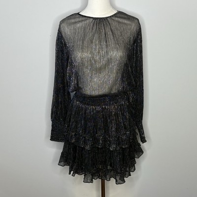 Misa Los Angeles Katia Black Silver Sheer Bodice Ruffled Mini Dress Womens Small