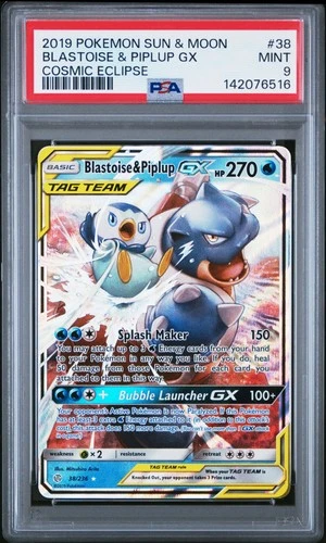 2019 POKEMON SUN & MOON COSMIC ECLIPSE #38 BLASTOISE & PIPLUP GX PSA 9