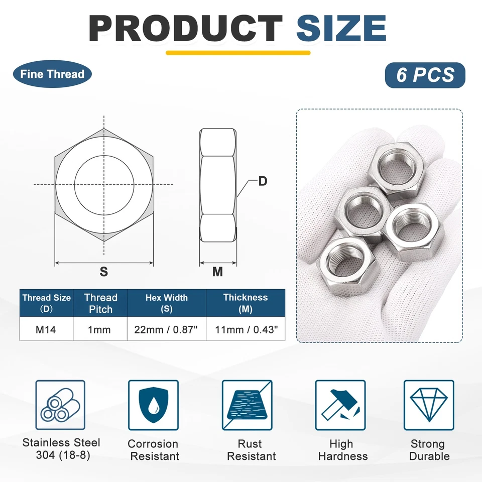 6Stk M14x1 Stahl Sechskantmuttern 22mm / 0.87" Breite 11mm / 0.43" Höhe - Bild 2 von 4