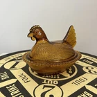 Vintage Indiana Glass Amber Hen on Nest Covered Dish Beaded Rim Chicken Bowl