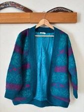 Mohair Knit Jacket Unisex Turquoise Pattern Cardigan Shaggy Outerwear M