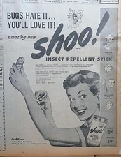 1953 newspaper ad for SHOO! insect repellant - Bugs Hate It! You'll Love It!