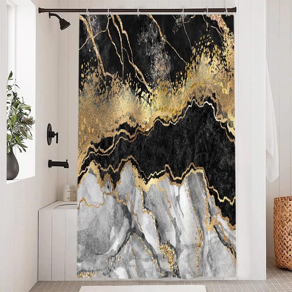 48x72inch Black and White Marble Shower Curtain Gold Glitter Splatter