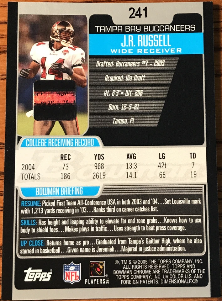 2005 Bowman Chrome Rookie Autograph J.R. Russell #241 Tampa Bay Buccaneers - Image 2 of 2