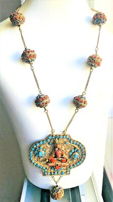 STUNIING ANTIQUE TIBETEAN BUDHIST TURQUOISE CORAL ETNIC BIG PENDANT NECKLACE