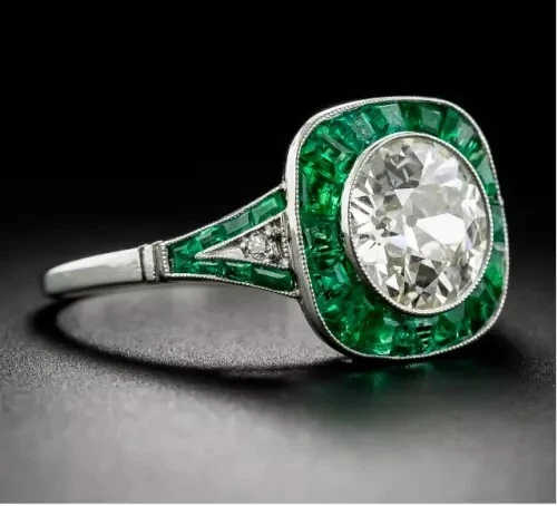 Art Deco Vintage Style Round Lab Created Diamond Emerald 925 Silver Wedding Ring
