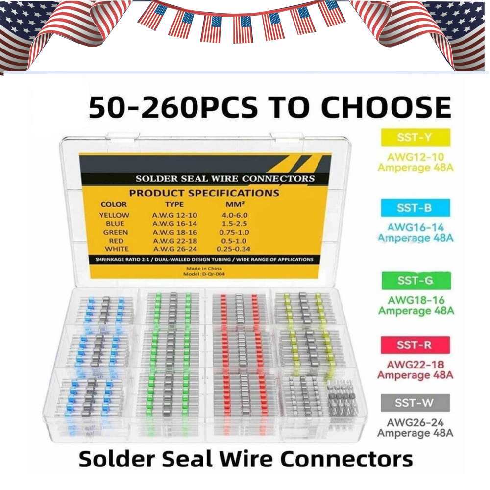 50-260PCS Solder Seal Sleeve Terminal Heat Shrink Wire Butt Connector 26-10AWG