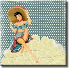 Vintage Retro Girl Beach Shell Bathroom Picture on Stretched Canavs, Wall Art Dé