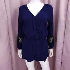 Express Women's Blue V-Neck Long Sleeve Backless Lace Tassel Romper Small