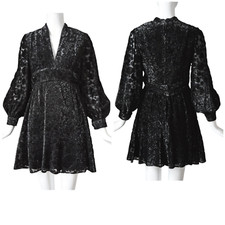 Jayna Vtg  Black Metallic Deep V Neck Party Dress Brocade Bishop Sleeve Size S