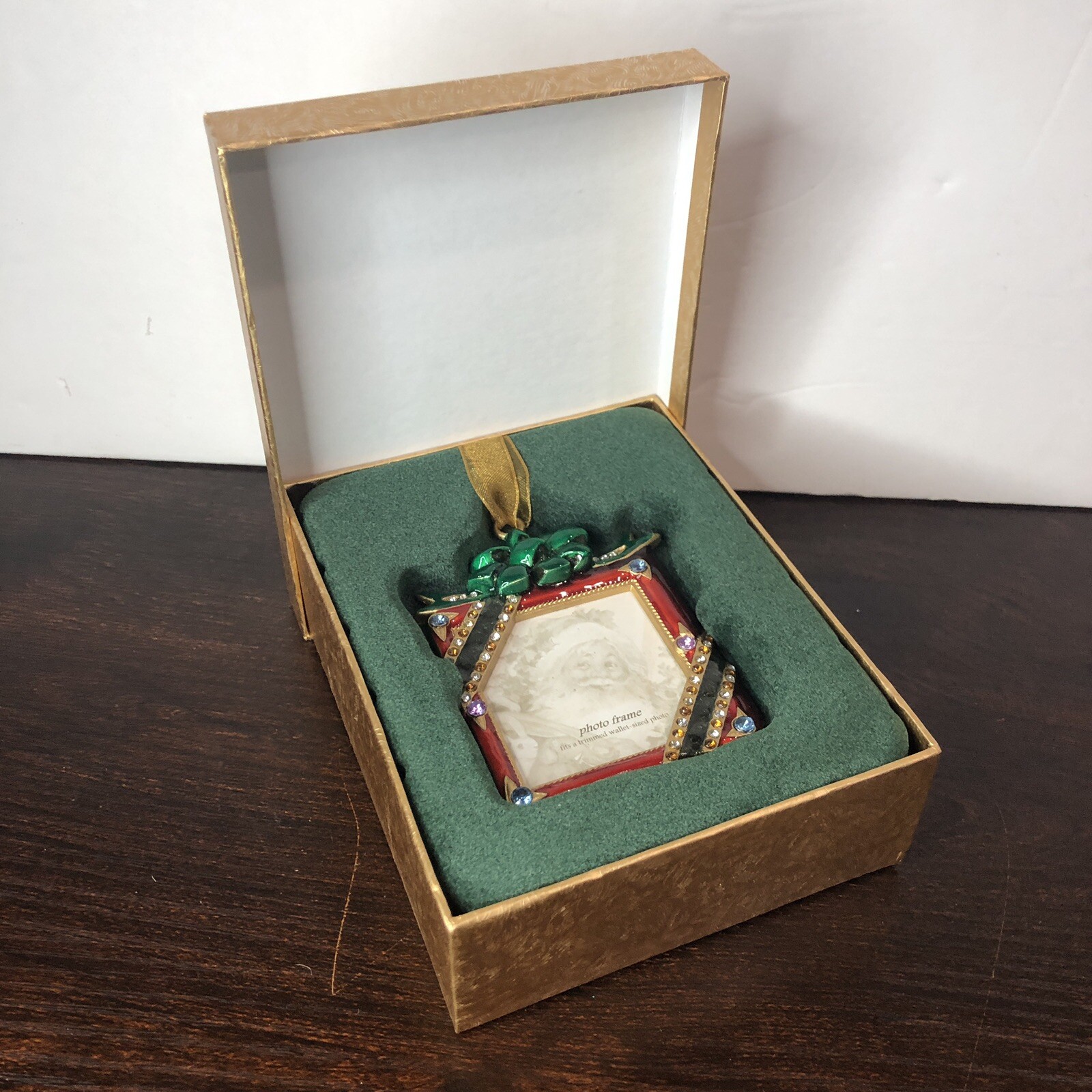 Vintage Rhinestones Enamel Metal Picture Frame Christmas Ornament Gift