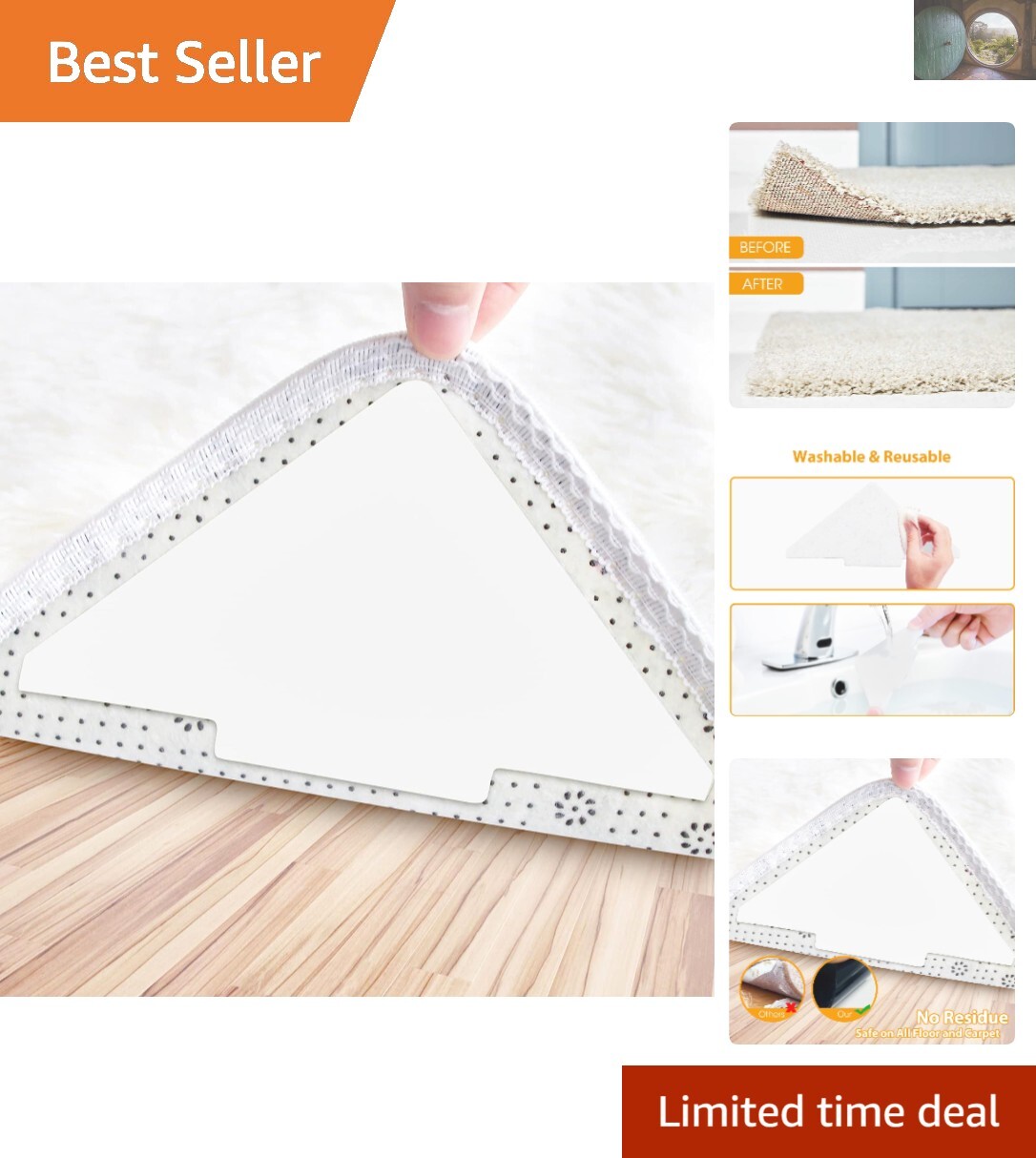 10 Non-Slip Double-Sided Rug Tape Grips - Washable Reusable Floor Secure