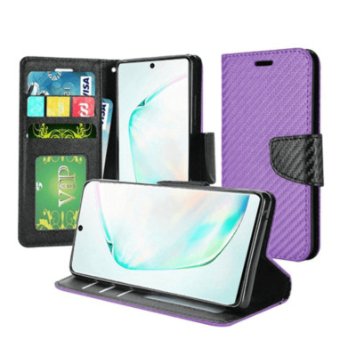 For Samsung Note 10 Wallet Flip Case Textured Carbon Fiber Case PURPLE