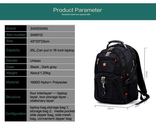 Swiss 16 Inch Waterproof Laptop Backpack Durable Travel & School Bag 35L Black - Picture 6 of 20