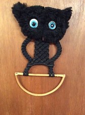Vintage 1970's Macrame Owl Black Kitchen/Bath Towel Holder Wall Decor- Handmade