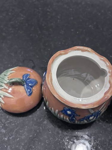 Vintage Hand Painted Ceramic Teapot & Sugar Bowl Set Blue Iris Raised Glaze - Picture 4 of 15