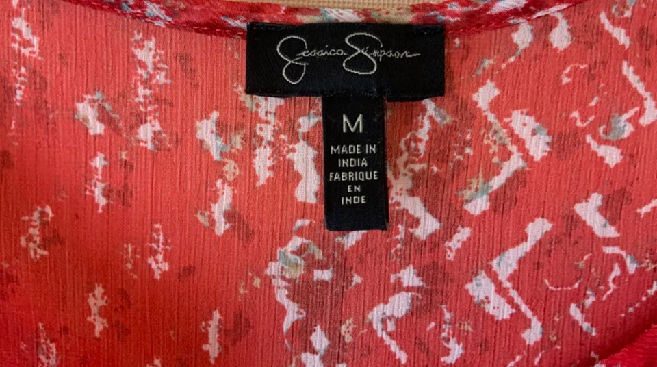Jessica Simpson Sheer Blouse Women M 3/4 Sleeve Red Chiffon V-Neck Scalloped Hem - Image 3 of 4
