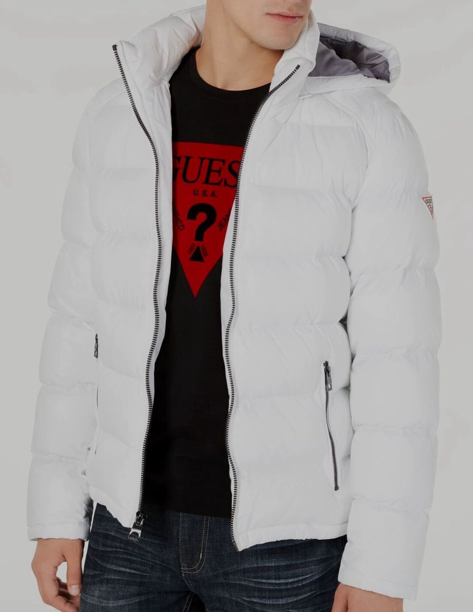 $225 Guess Men's White Hooded Puffer Coat Jacket Size XL