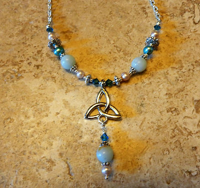 Sand Sea Celtic Trinity Knot necklace w/ Swarovski, pearls and