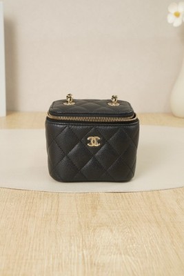 Chanel Vanity Case Mini Box Bag Black Caviar Leather Gold CC Metal Chip Pouch