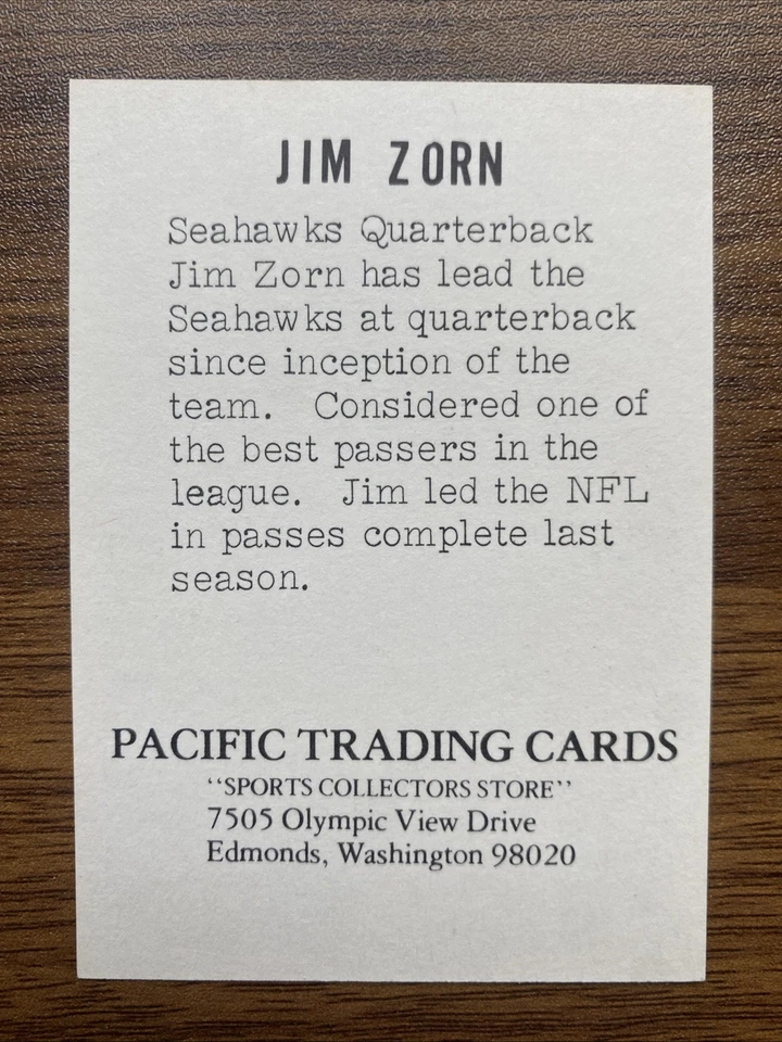 1977? Pacific Trading Cards Jim Zorn Seattle Seahawks Rare Card - Image 2 of 2